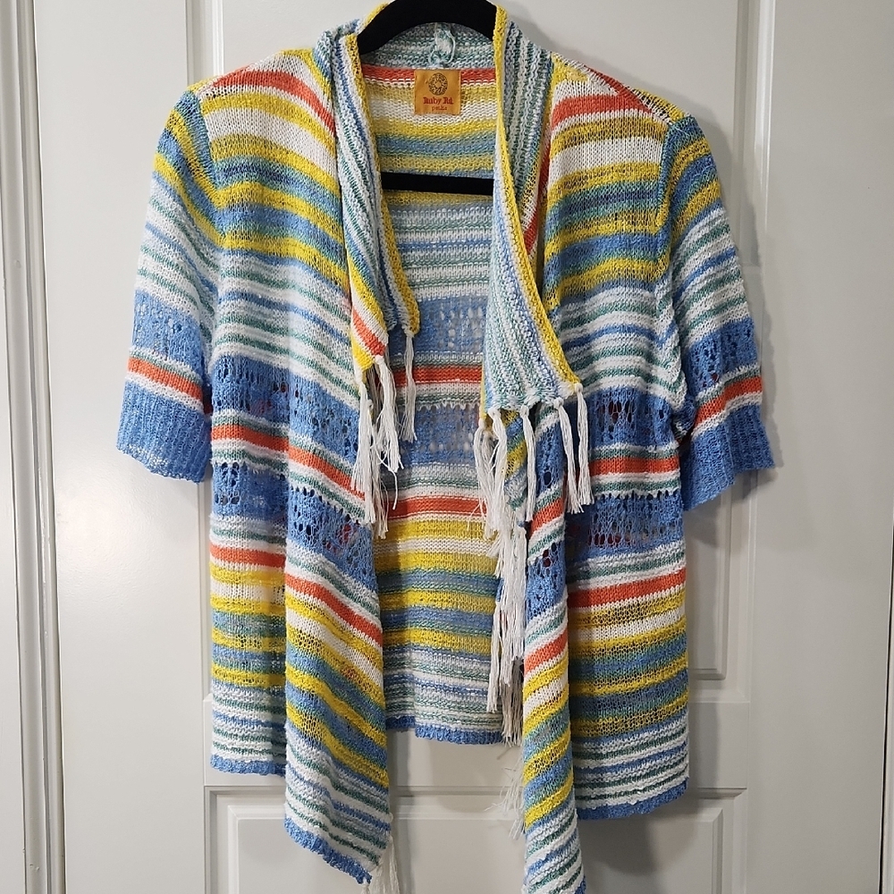 Ruby Rd. Striped Knit Open Front Cardigan Swim Cover
